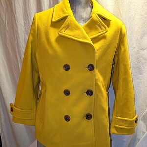 Lands'End Women 14P Mustard Yellow Wool Blend Double Breasted Classic Pea Coat